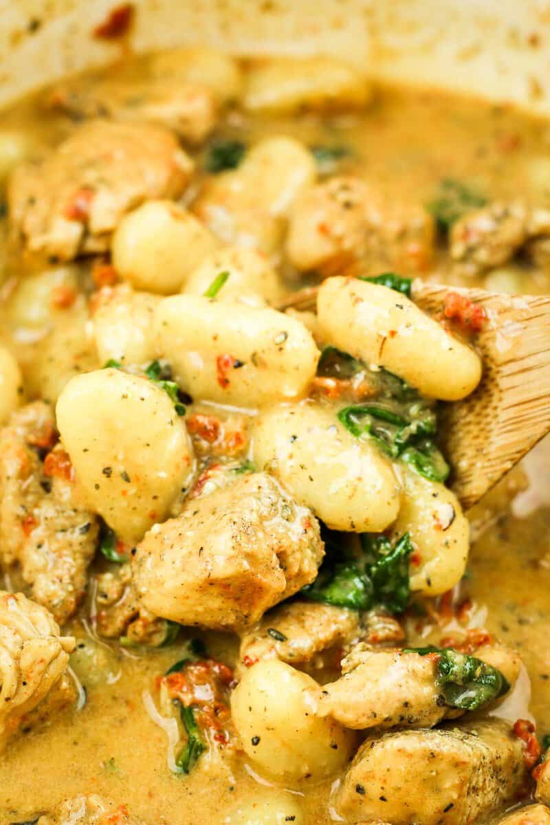 Up close photo of sun dried tomato chicken gnocchi.